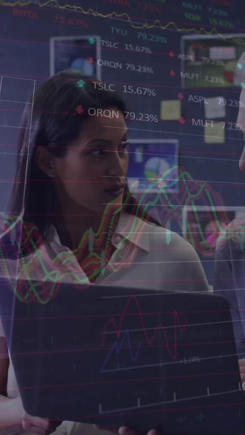 Animation of stock market data processing over diverse man and woman discussing Stock Footage 344693847