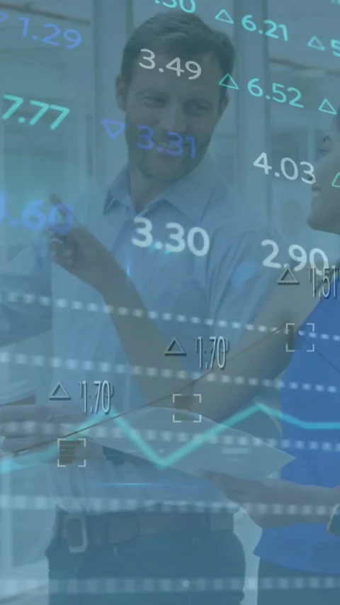 Animation of stock market data processing over diverse colleagues discussing on Stock Footage 344693889
