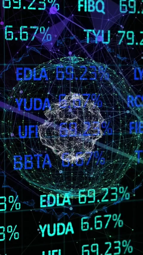 Animation of stock market data processing over plexus networks and spinning Stock Footage 344706221