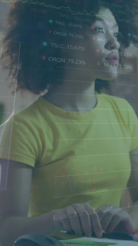 Animation of stock market data processing over african american woman working Stock Footage 344706603