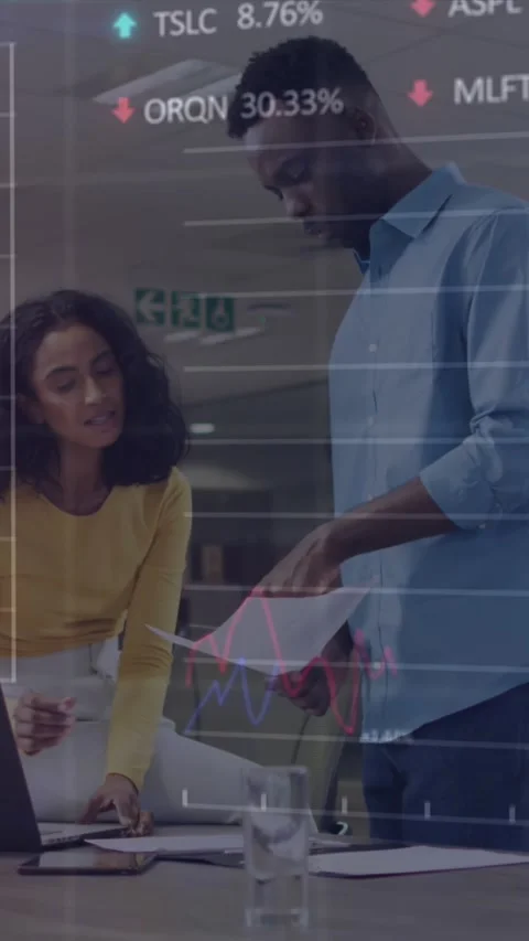 Animation of stock market data processing against diverse man and woman Stock Footage 344723406