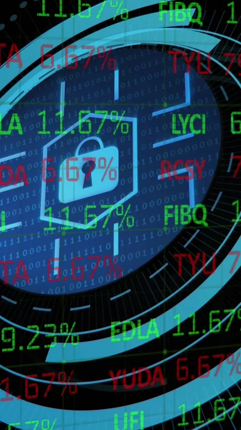 Animation of stock market data processing over security padlock on round scanner Stock Footage 344745923