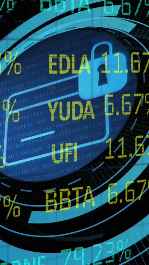 Animation of stock market data processing over security padlock on round scanner Stock Footage 344745925