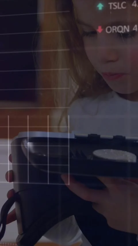 Animation of stock market data processing over caucasian girl holding vr headset Stock Footage 344766189