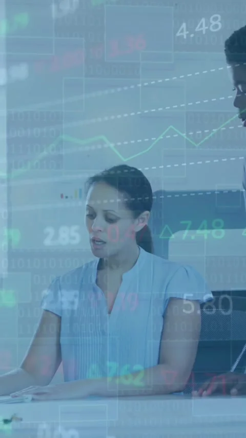 Animation of stock market data processing over three diverse women discussing Stock Footage 344775021