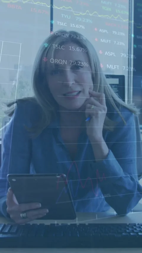 Animation of stock market data processing over portrait of caucasian woman Stock Footage 344783703
