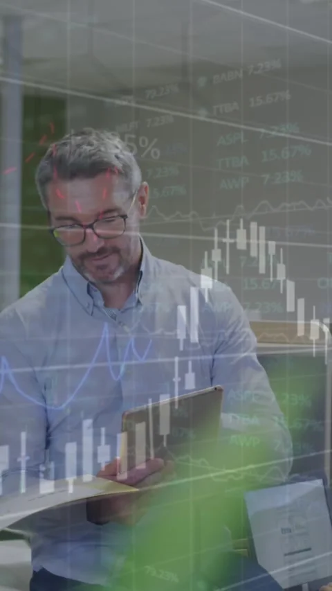 Animation of stock market data processing over diverse colleagues discussing Stock Footage 344783724