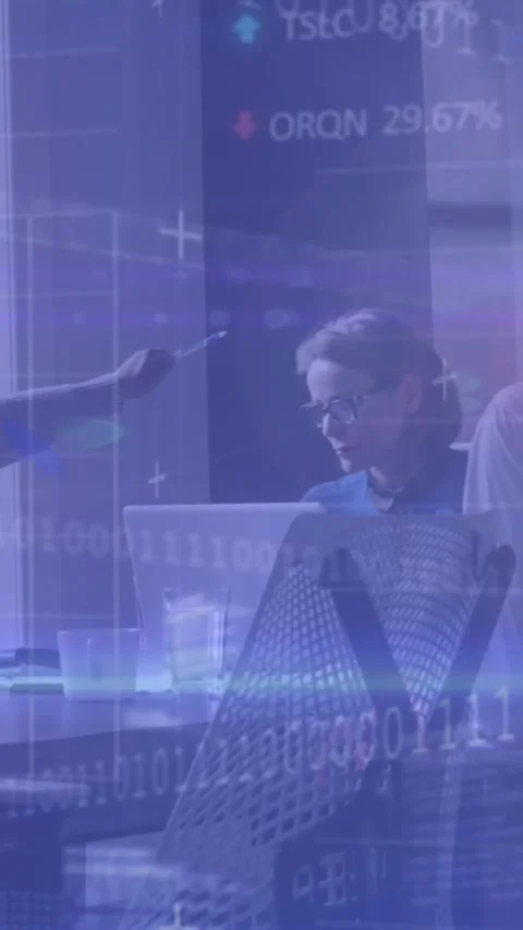 Animation of stock market data processing, light trails over diverse colleagues Stock Footage 344783794