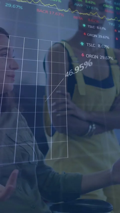 Animation of stock market data processing over caucasian woman discussing with Stock Footage 344783805