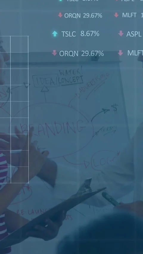 Animation of stock market data processing over diverse man and woman discussing Stock Footage 344783911