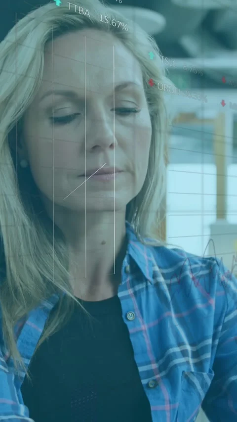 Animation of stock market data processing against caucasian woman talking on Stock Footage 344803453