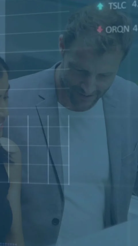 Animation of stock market data processing over diverse man and woman discussing 스톡 동영상 344803550