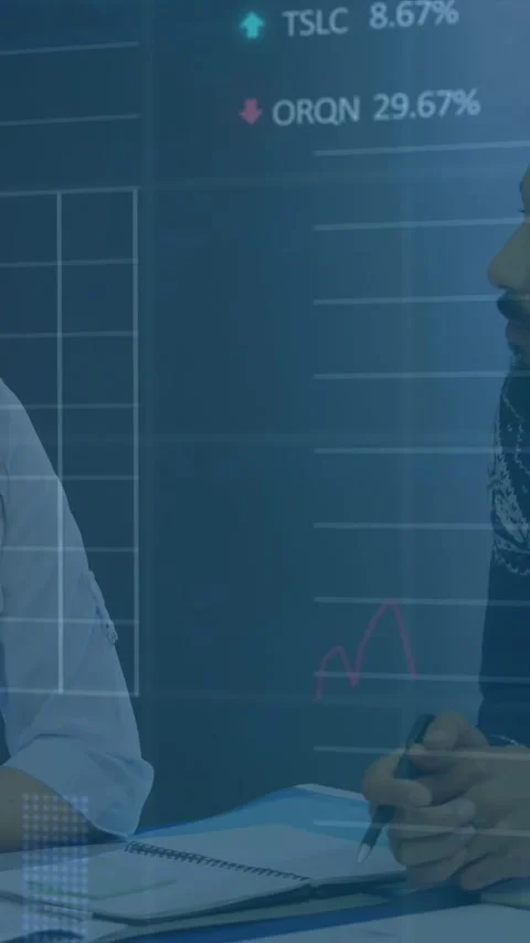Animation of stock market data processing against diverse man and woman 스톡 동영상 344803551