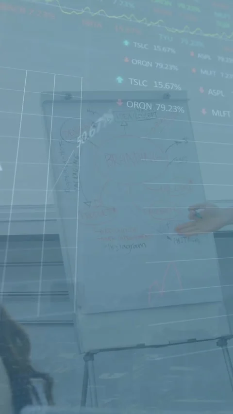 Animation of stock market data processing over caucasian man giving a 스톡 동영상 344803555