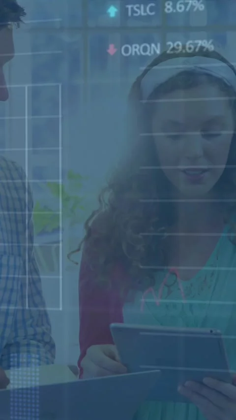 Animation of stock market data processing over diverse colleagues discussing 스톡 동영상 344803563
