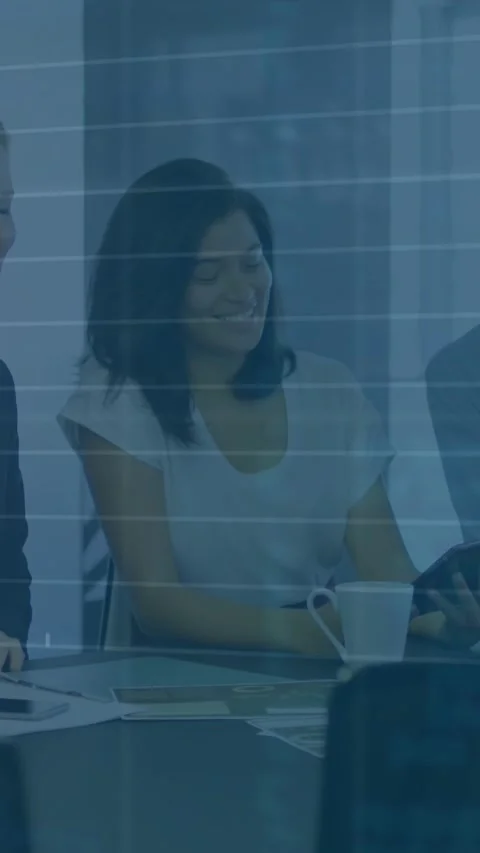 Animation of stock market data processing over diverse colleagues discussing 스톡 동영상 344803564