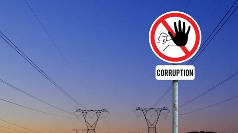 Animation of stop curruption sign board against network towers and sunset sky Stock Footage 329989238