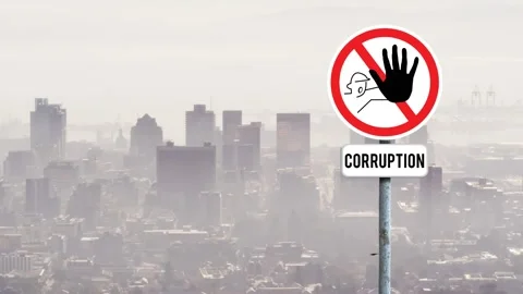 Animation of stop curruption sign board against aerial view of cityscape Stock Footage 330288178