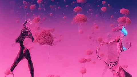 Animation stop motion of dancing girls in space suits surounded by flowers, Stock Footage 221178555