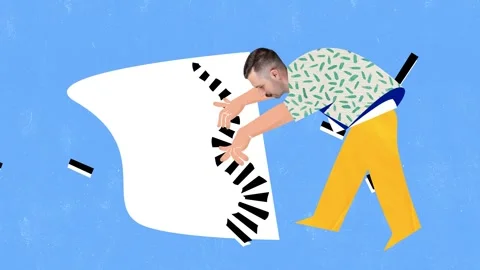 Animation. Stop motion. Man with drawn cloth elements playing piano isolated Stock Footage 282882356