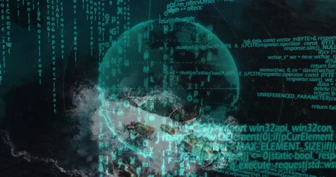 Animation of stormy ocean waves with digital globe and binary code processing Stock Footage 305045873
