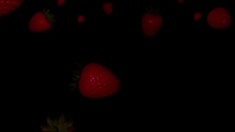 Animation of strawberies in black background. camera move down on black back Stock Footage 246677056