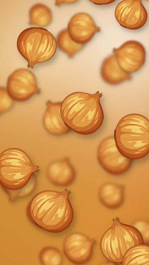 Animation of Stylized Brown Onions Falling on Orange Gradient Background Stock Footage 342237977