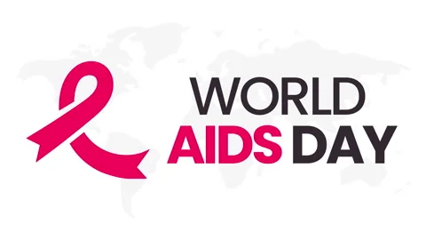 Animation of stylized red ribbon, symbolizing AIDS awareness, next to the text Stock Footage 277341385