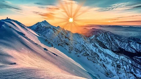Animation of the sun in the mountains during a snowfall Stock Footage 151490924