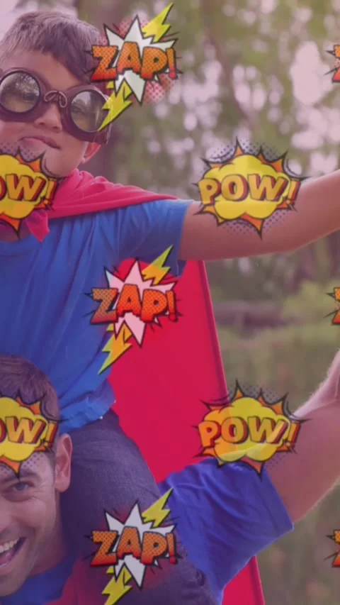 Animation of superhero man with boy and pow icons over nature background Stock Footage 344525514