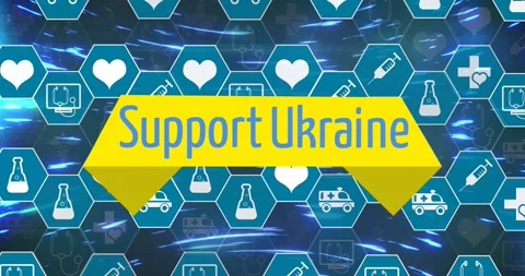 Animation of support ukraine over hexagons with icons and blue lights moving Video stock 329863194