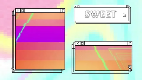 Animation of sweet text and computer window screens with neon pattern Stock Footage 265566405