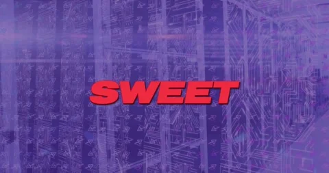 Animation of sweet text with computer circuit board and shapes over server room Stock Footage 327900400