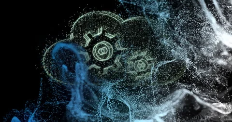 Animation of swirling data particles and digital gears representing cloud Stock Footage 304863388