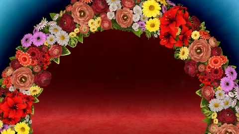 Animation of a swirling ring of flowers on a light blue and red background. Loop Stock Footage 104813017