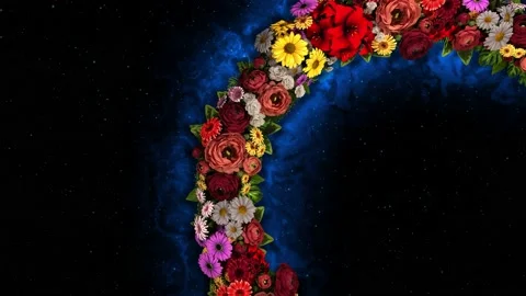 Animation of a swirling ring of flowers on a starry sky background. Video loop Stock Footage 144948903