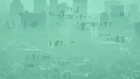 Animation of symbols and signs over foggy city in background Stock Footage 329123791
