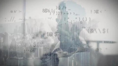 Animation of symbols, cropped hands using phone, man drinking beverage against Stock Footage 328588711