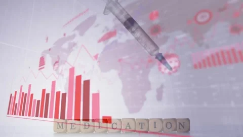 Animation of syringe and medication text over data processing on white Stock Footage 327060768