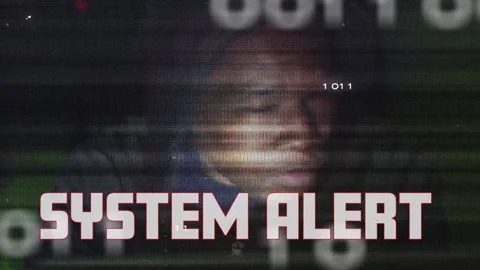 Animation of system alert over binary code, integrated circuit and face of Video stock 203845766