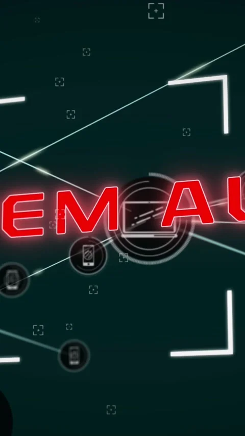 Animation of system alert text with viewfinder and connected phone and laptop Stock Footage 342034092