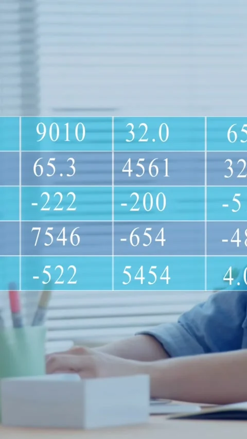 Animation of table with numbers over caucasian woman working on laptop in office Stock Footage 344369621
