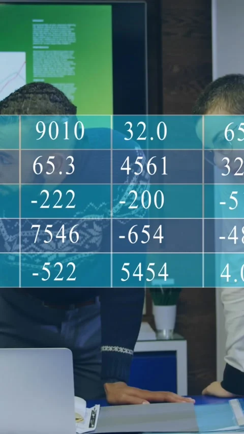 Animation of table with numbers over diverse coworkers discussing reports in Stock Footage 344369620