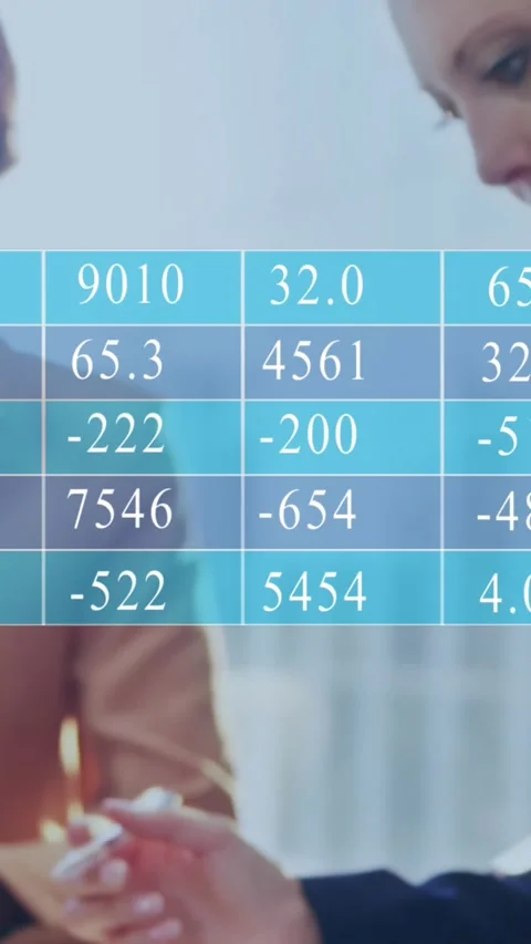 Animation of table with numbers over diverse coworkers working on laptop in Stock Footage 344369629