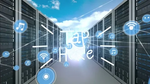 Animation of tap here text, network of connections with icons over computer Stock Footage 328645039