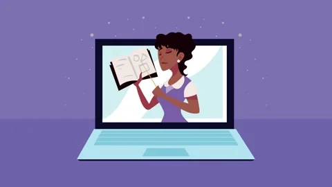 Animation of a teacher explaining geometry using a book on a laptop screen .. Stock Footage 339255036