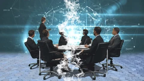 Animation of team of diverse business colleagues in meeting with global network Stock Footage