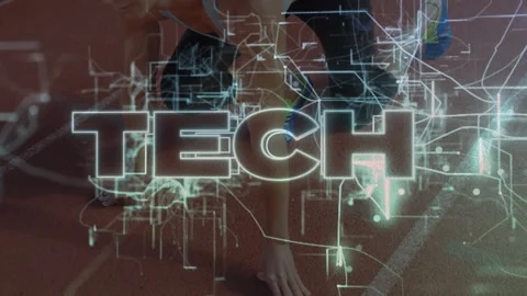 Animation of tech on digital screen over caucasian woman preparing for run at 스톡 동영상 329692224
