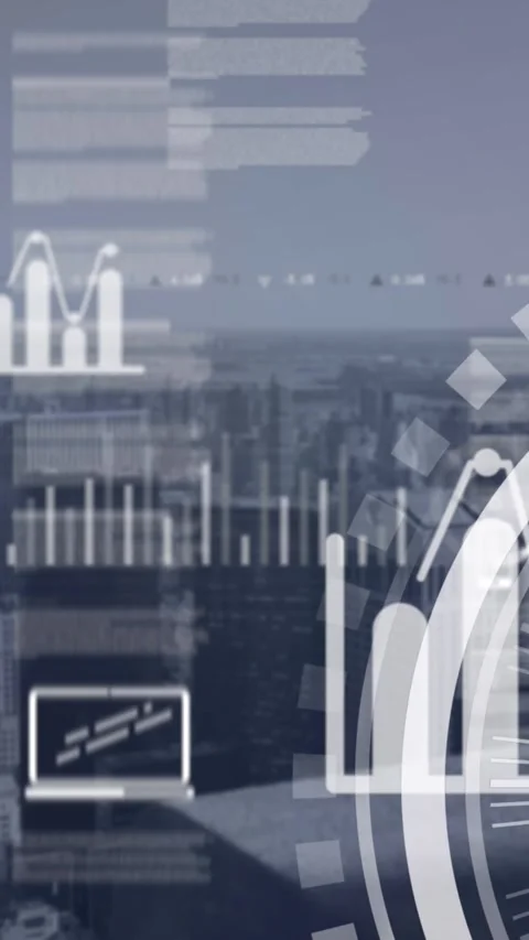 Animation of tech icons and clock over cityscape Stock Footage 341918434