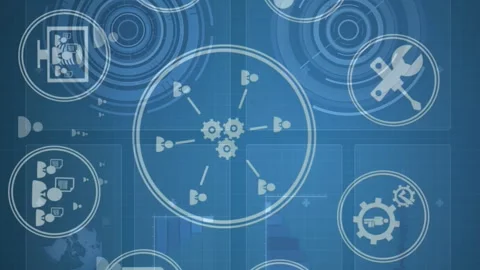 Animation of tech icons and data processing on green digital screen Stock Footage 312965812
